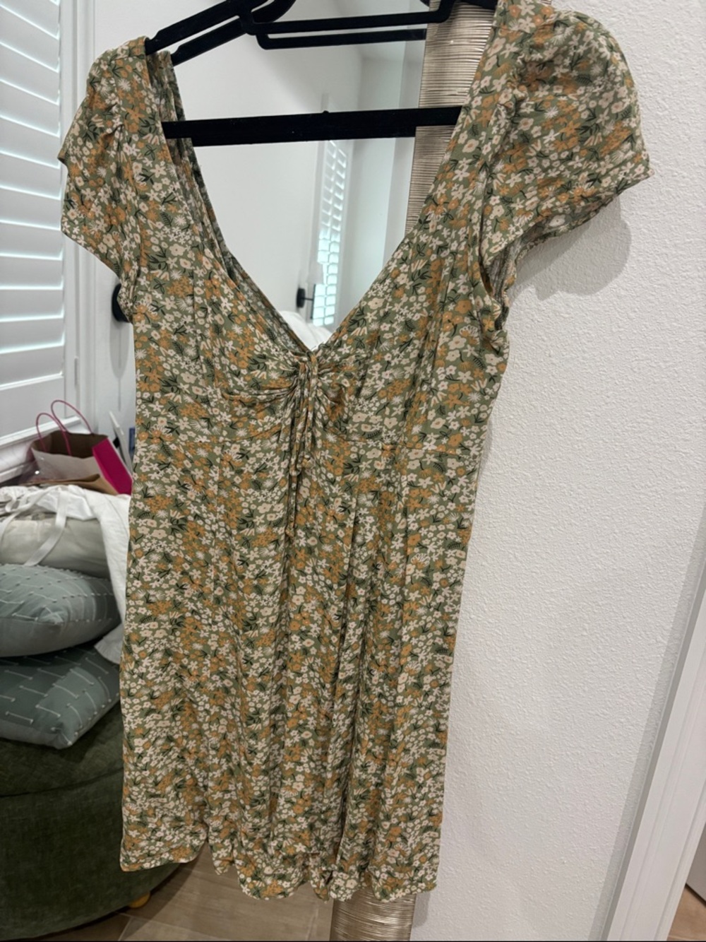 American Eagle Outfitters Olive and Mustard Floral Tie-Front Mini Dress
